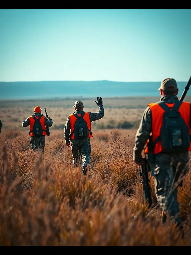 A photograph of hunters participating in a driven hunt, showcasing the teamwork and coordination involved in this type of hunting activity.