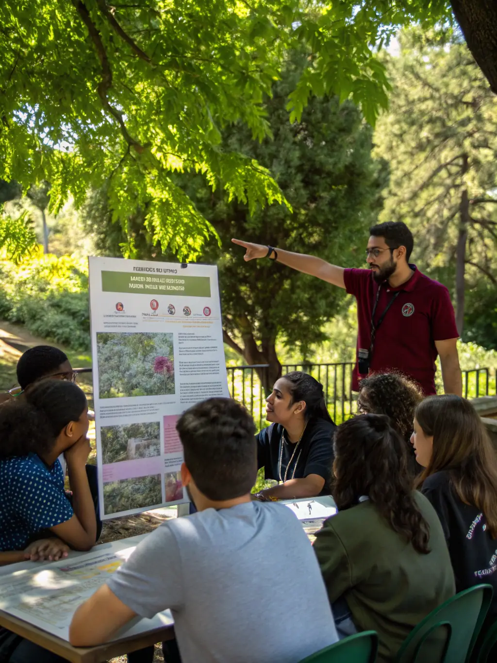 A group of children and adults are gathered around a table at an educational workshop, learning about wildlife identification and conservation techniques from a SOCIETE DE CHASSE DE L'HOSPITALET DU LARZAC instructor.