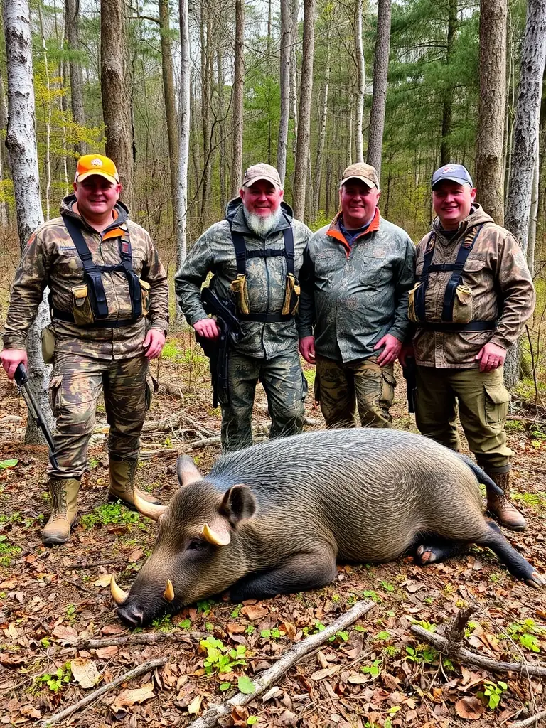 A photograph capturing a group of hunters participating in a wild boar hunting program in the Larzac region, showcasing the camaraderie and excitement of the hunt.