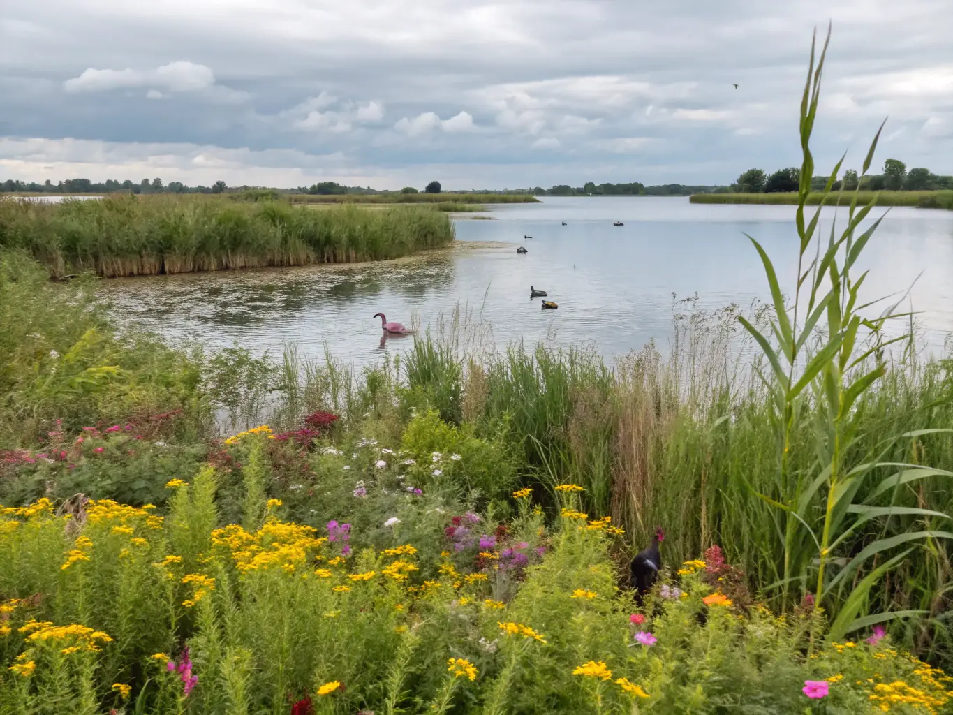A serene image of a wildlife conservation area managed by SOCIETE DE CHASSE DE L'HOSPITALET DU LARZAC, showcasing efforts to protect local fauna and flora through habitat preservation and responsible hunting.