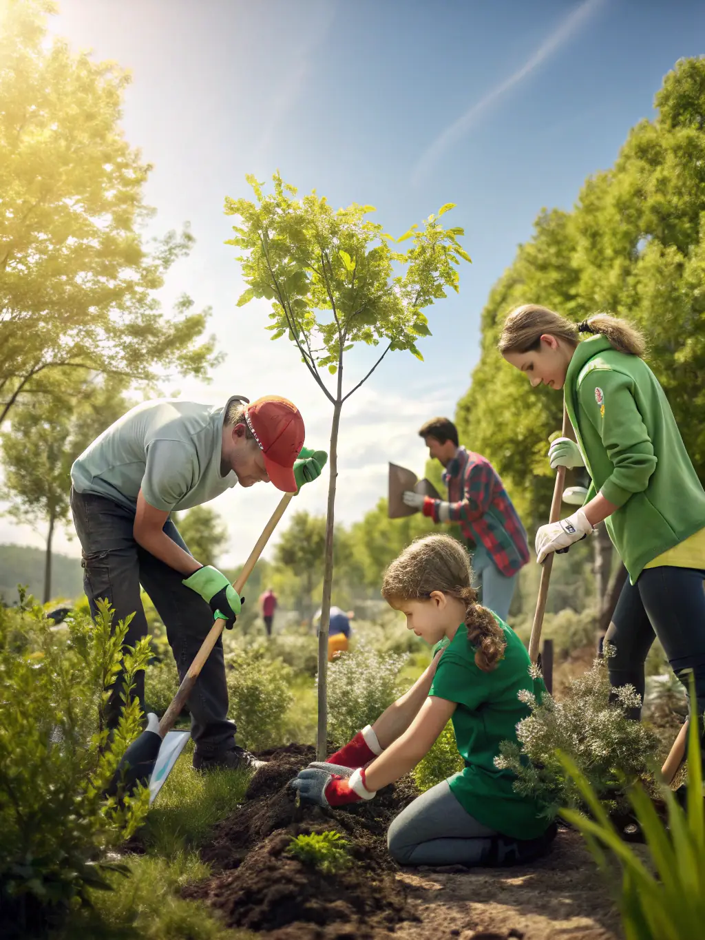 A photograph depicting members of SOCIETE DE CHASSE DE L'HOSPITALET DU LARZAC participating in a wildlife habitat restoration project, planting native trees and shrubs in a designated area.