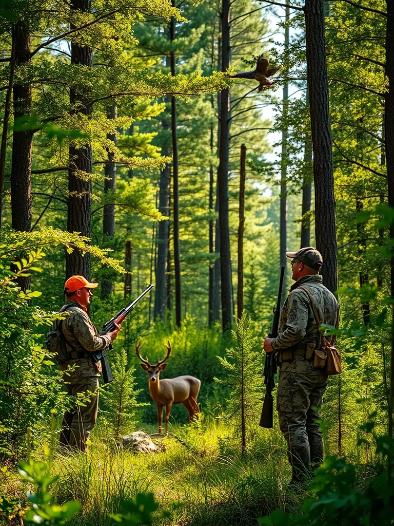 A photograph showing members of SOCIETE DE CHASSE DE L'HOSPITALET DU LARZAC participating in a controlled hunt, with a focus on ethical hunting practices and respect for the environment.