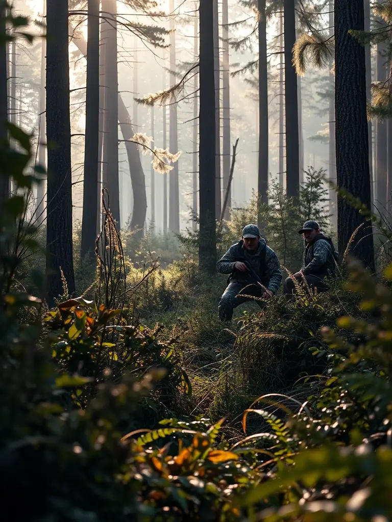 An image depicting a hunter tracking deer in a serene, wooded area of L'Hospitalet du Larzac, highlighting the skill and patience required for deer hunting.