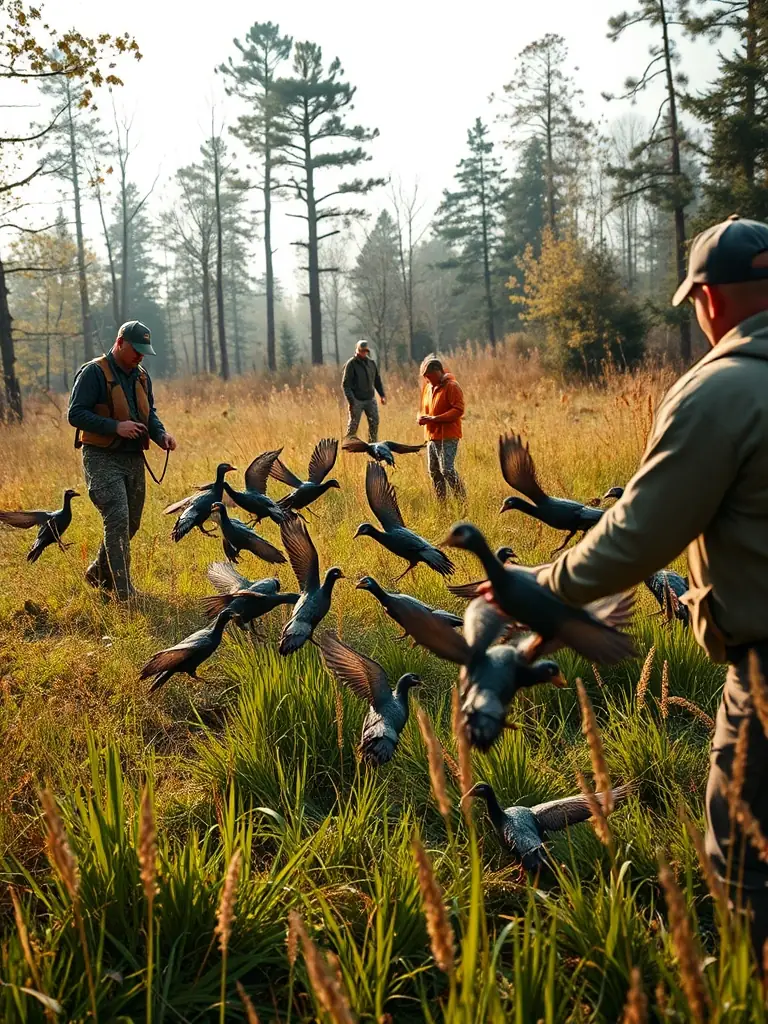 A picture showing hunters participating in a small game hunting activity, such as rabbit or bird hunting, in the open fields of the Larzac region.